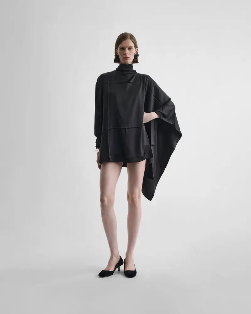 Asymmetric Silk Cape Top In Black