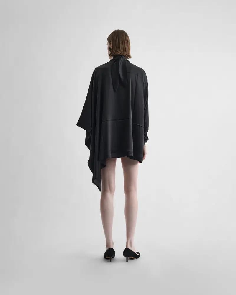 Asymmetric Silk Cape Top In Black