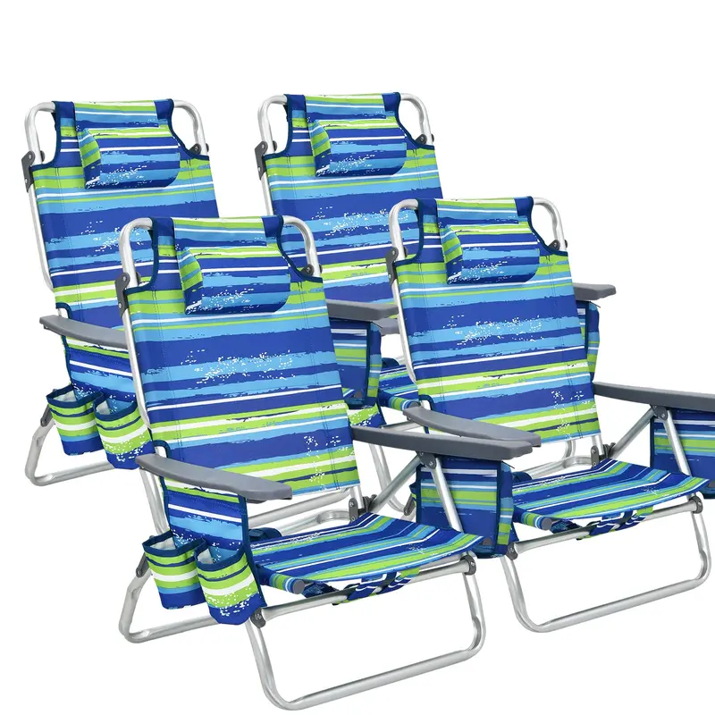 Backpack-Style Beach Chairs – 4-Pack with Insulated Cooler, Cup Holders, No Side Table