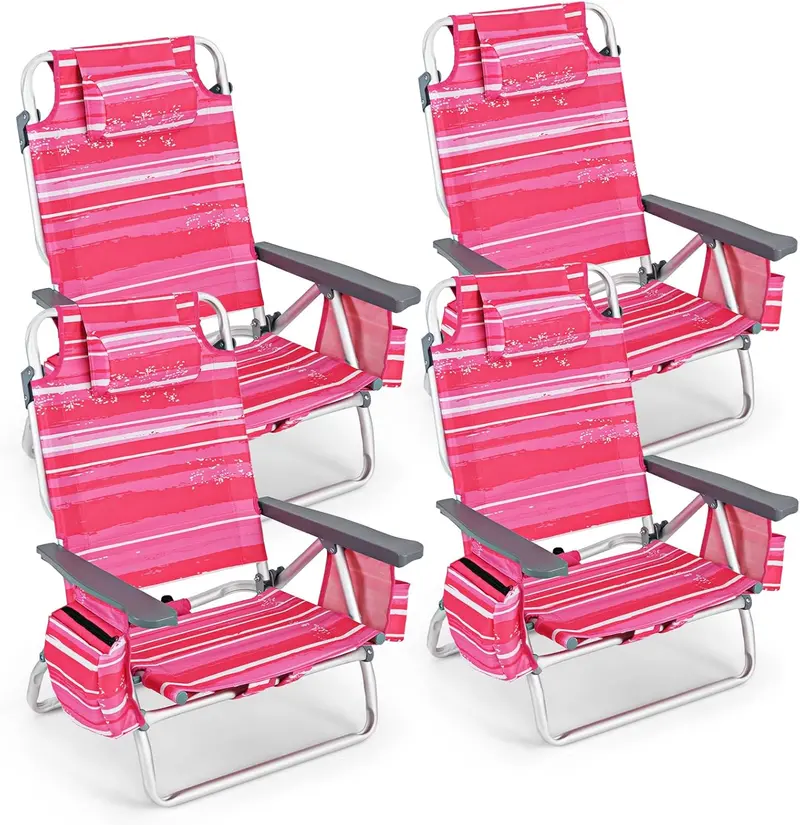 Backpack-Style Beach Chairs – 4-Pack with Insulated Cooler, Cup Holders, No Side Table
