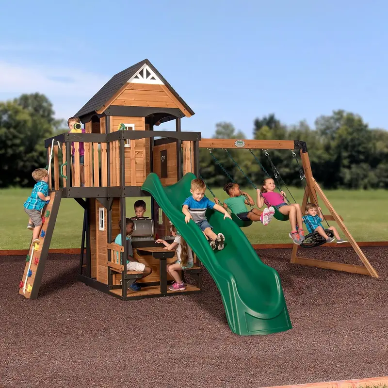 Backyard Discovery Cedar Swing Set – Premium Outdoor Play System with Clubhouse, Rock Wall, and Wave Slide