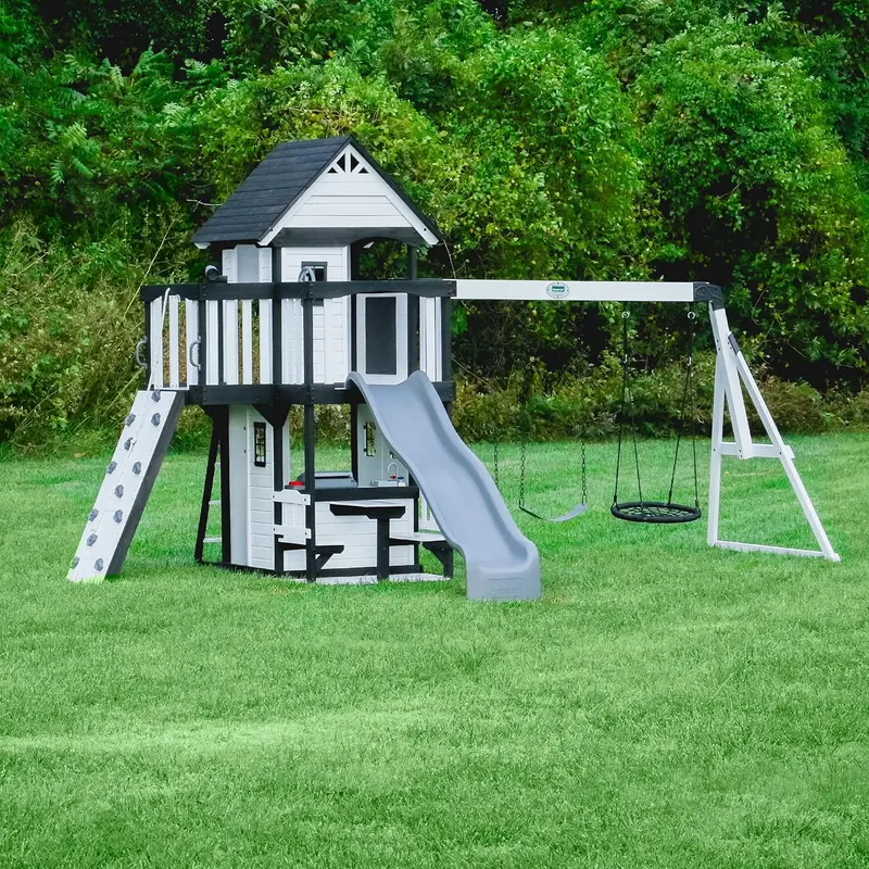 Backyard Discovery Cedar Swing Set – Premium Outdoor Play System with Clubhouse, Rock Wall, and Wave Slide