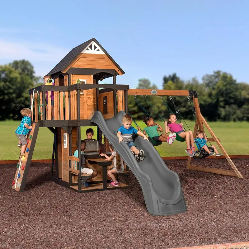 Backyard Discovery Cedar Swing Set – Premium Outdoor Play System with Clubhouse, Rock Wall, and Wave Slide