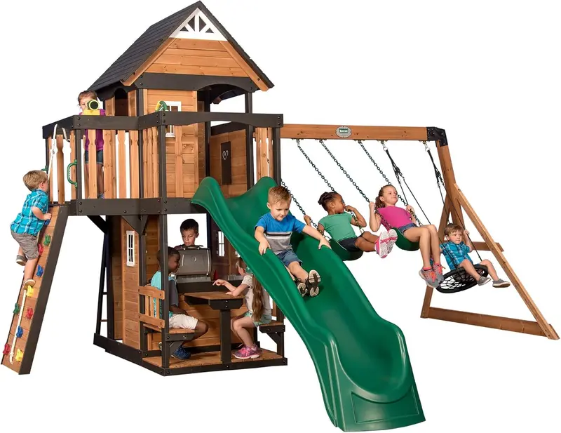Backyard Discovery Cedar Swing Set – Premium Outdoor Play System with Clubhouse, Rock Wall, and Wave Slide