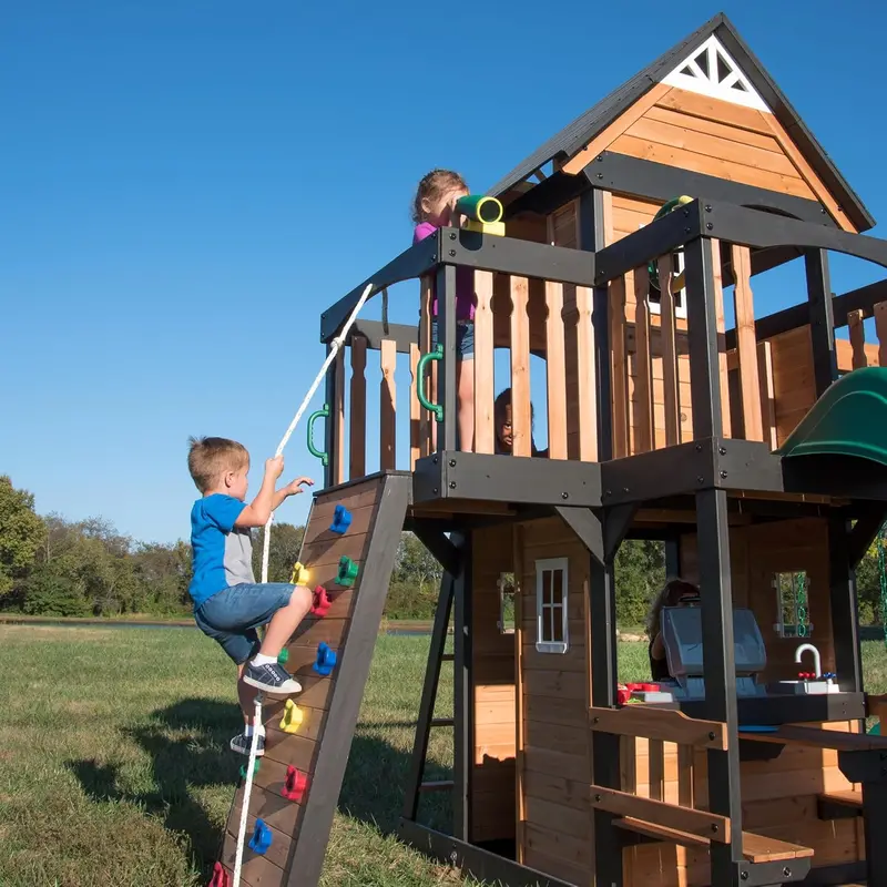 Backyard Discovery Cedar Swing Set – Premium Outdoor Play System with Clubhouse, Rock Wall, and Wave Slide