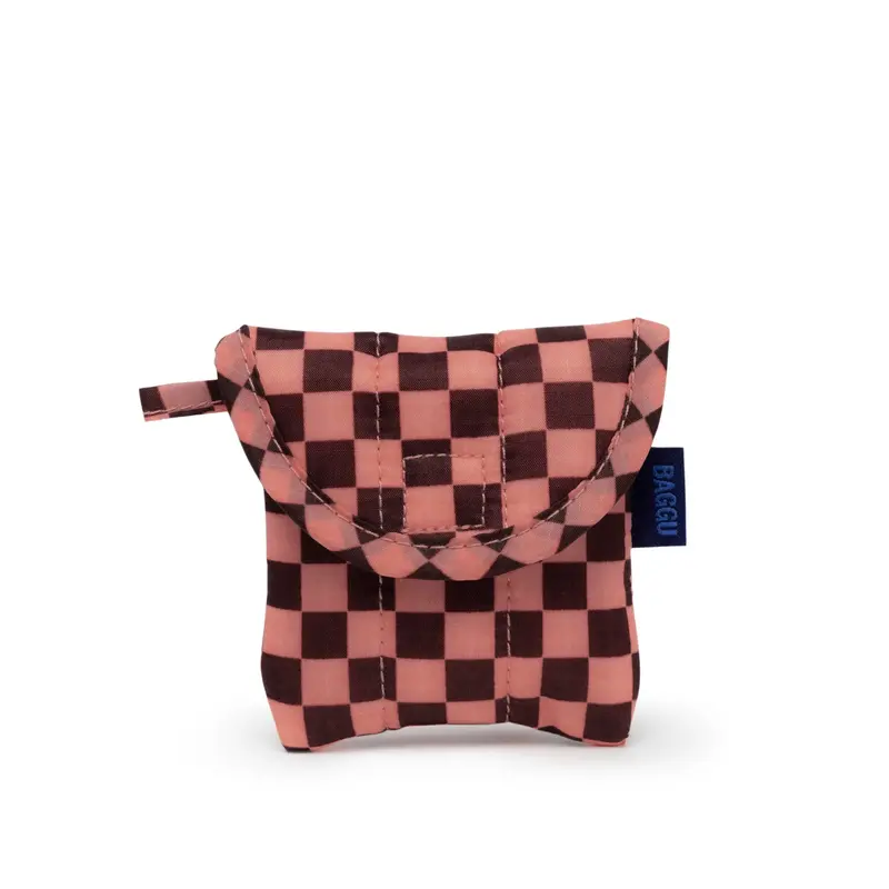 Baggu Puffy Earbud Case in Pink-Brown Check – Made from Recycled Nylon