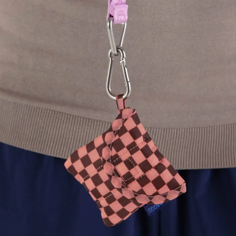 Baggu Puffy Earbud Case in Pink-Brown Check – Made from Recycled Nylon
