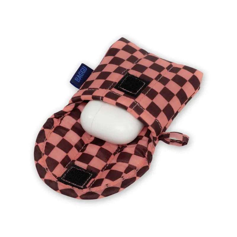 Baggu Puffy Earbud Case in Pink-Brown Check – Made from Recycled Nylon