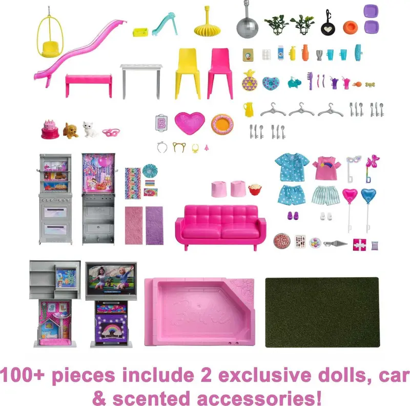 Barbie 60th Anniversary DreamHouse Playset – Features 2 Dolls, Transforming Vehicle, and 100+ Role-Play Items