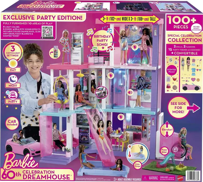 Barbie 60th Anniversary DreamHouse Playset – Features 2 Dolls, Transforming Vehicle, and 100+ Role-Play Items