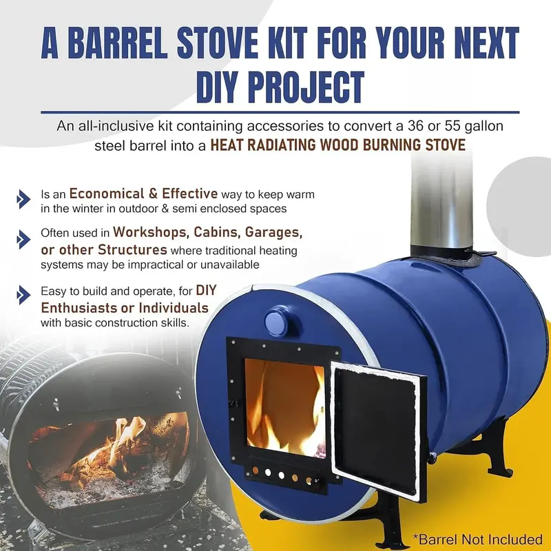Barrel Stove Kit C – DIY Wood-Burning Heater Designed for 30–55-Gallon Drums, Ideal for Emergency Heating & Outdoor Cooking