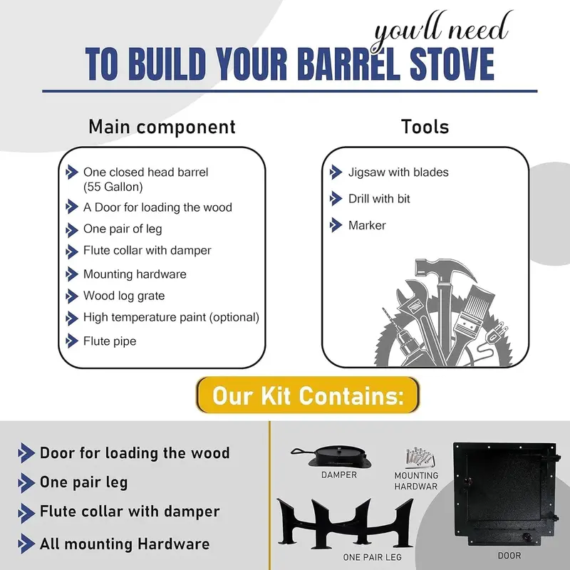 Barrel Stove Kit C – DIY Wood-Burning Heater Designed for 30–55-Gallon Drums, Ideal for Emergency Heating & Outdoor Cooking