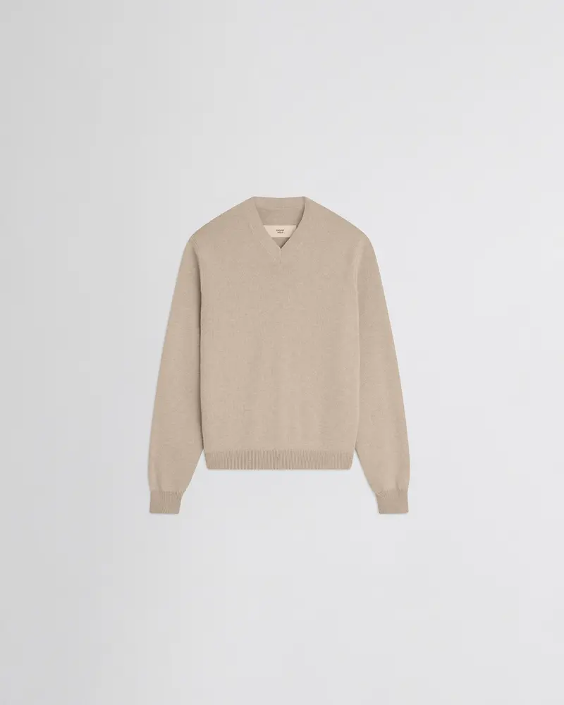 Beige Wool-Cashmere Easy V-Neck Sweater