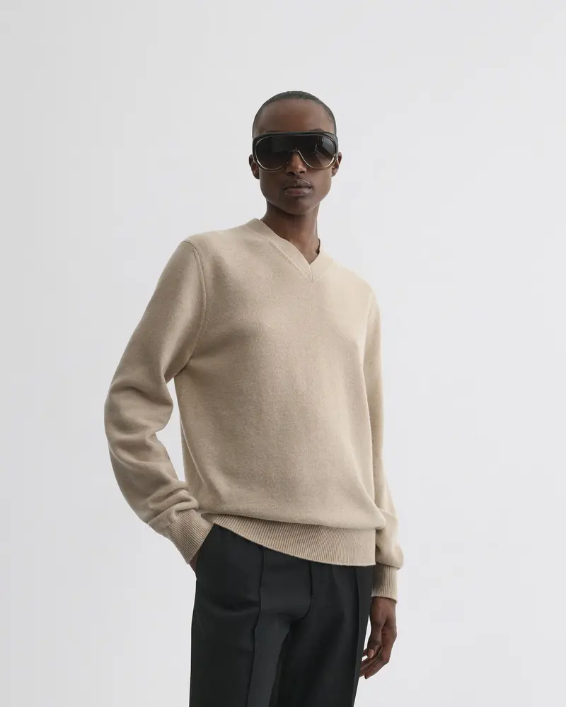 Beige Wool-Cashmere Easy V-Neck Sweater