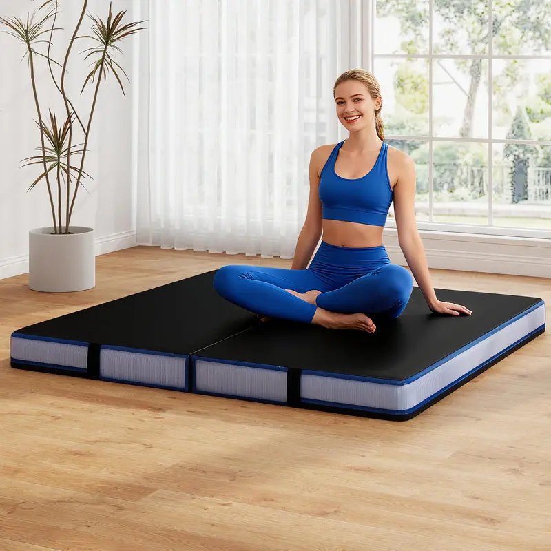 Bi-Fold Fitness Mat – 4' × 4', 4-Inch High-Density Foam Core with PU Leather Surface & Transport Handles