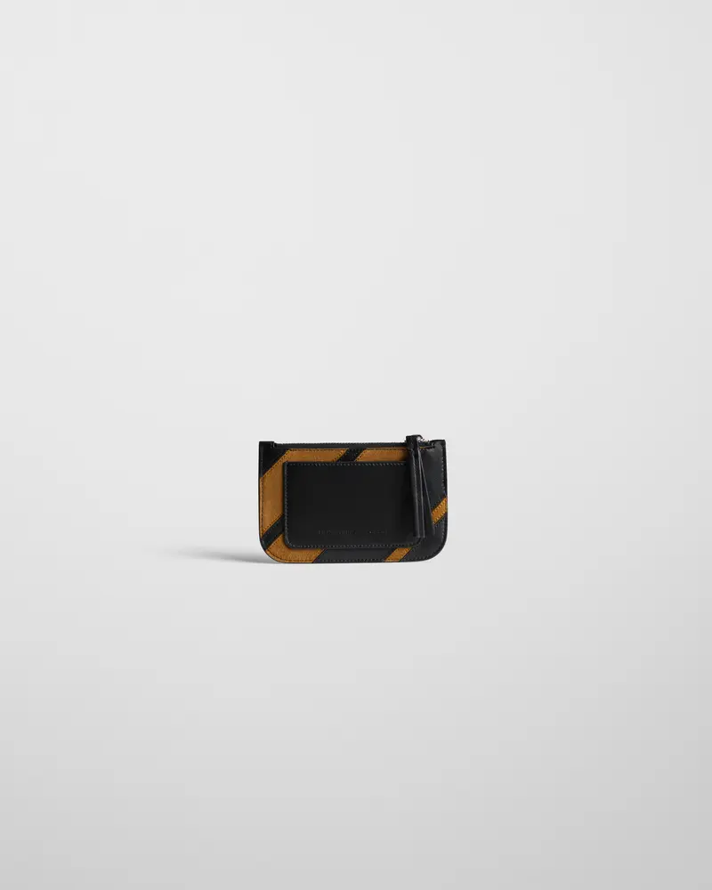 Bifold Card Holder In Black Leather And Toffee Suede