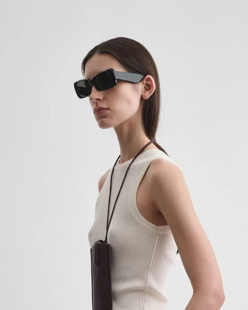 Black Acetate Angular Score Sunglasses With Wide Temples