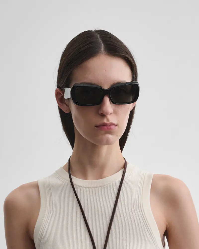 Black Acetate Angular Score Sunglasses With Wide Temples