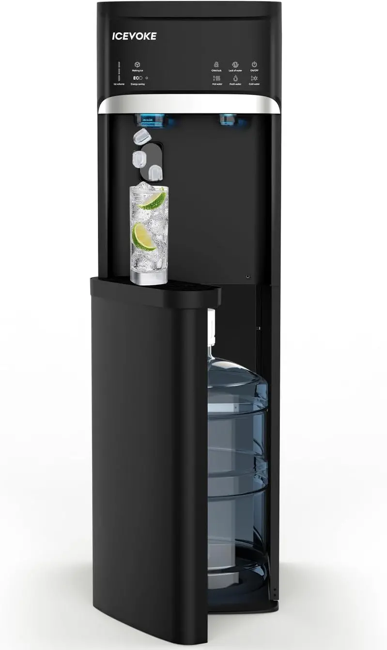 Black Bottom-Load Water Dispenser with Auto-Cleaning Function and Integrated Ice Maker