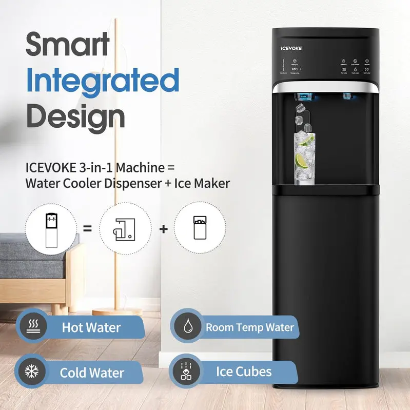 Black Bottom-Load Water Dispenser with Auto-Cleaning Function and Integrated Ice Maker