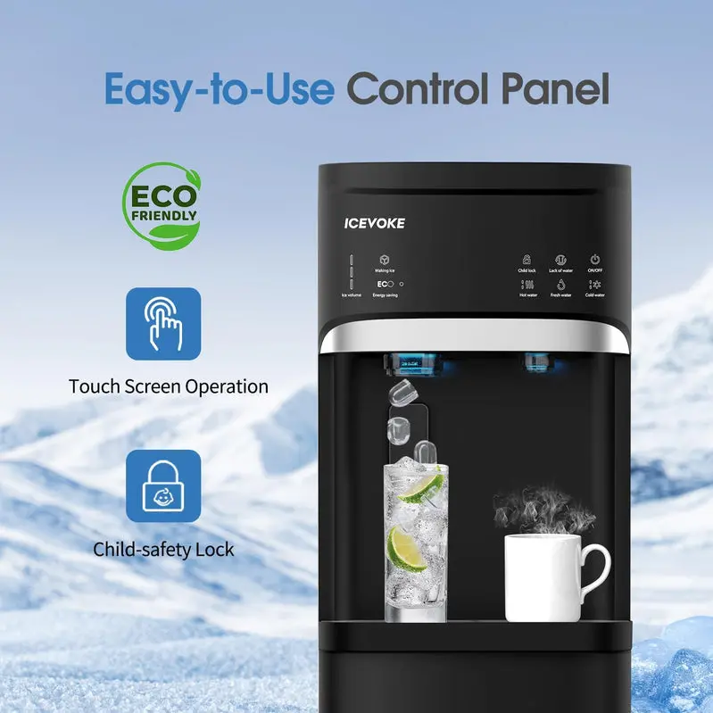 Black Bottom-Load Water Dispenser with Auto-Cleaning Function and Integrated Ice Maker