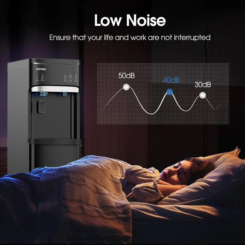 Black Bottom-Load Water Dispenser with Auto-Cleaning Function and Integrated Ice Maker