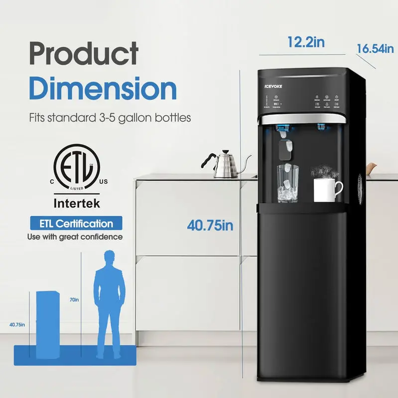 Black Bottom-Load Water Dispenser with Auto-Cleaning Function and Integrated Ice Maker