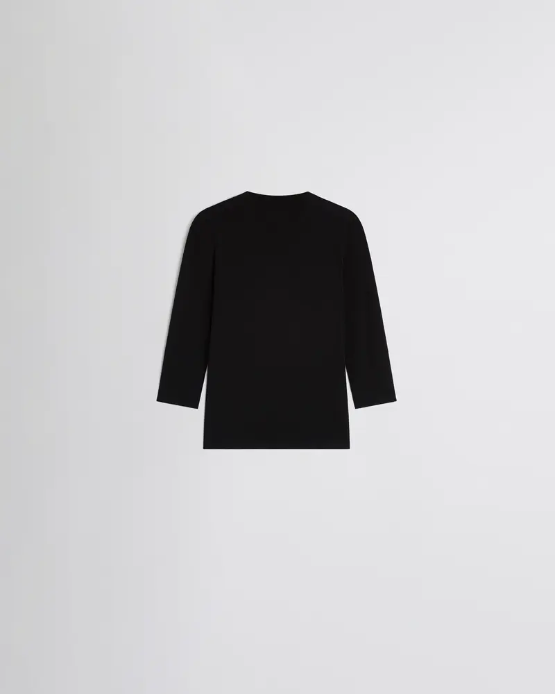 Black Cotton Crewneck Tee With Three-Quarter Sleeves