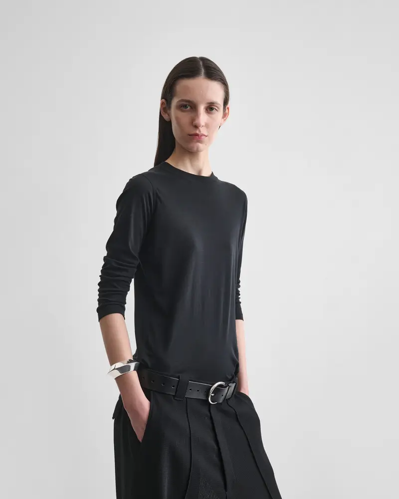 Black Cotton Crewneck Tee With Three-Quarter Sleeves