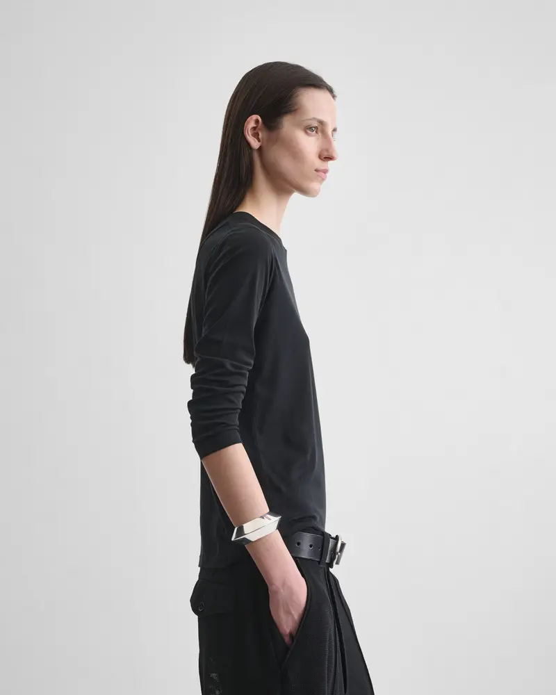 Black Cotton Crewneck Tee With Three-Quarter Sleeves
