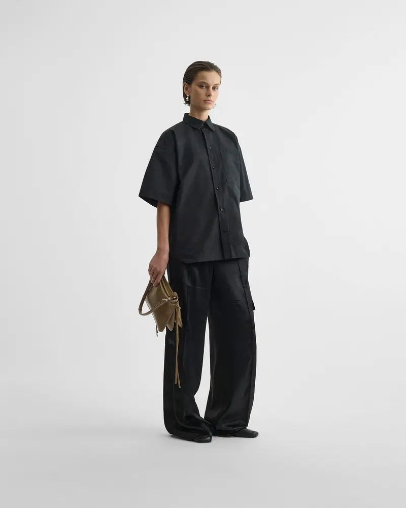 Black Cotton Short Sleeve Shirt With Oversized Fit
