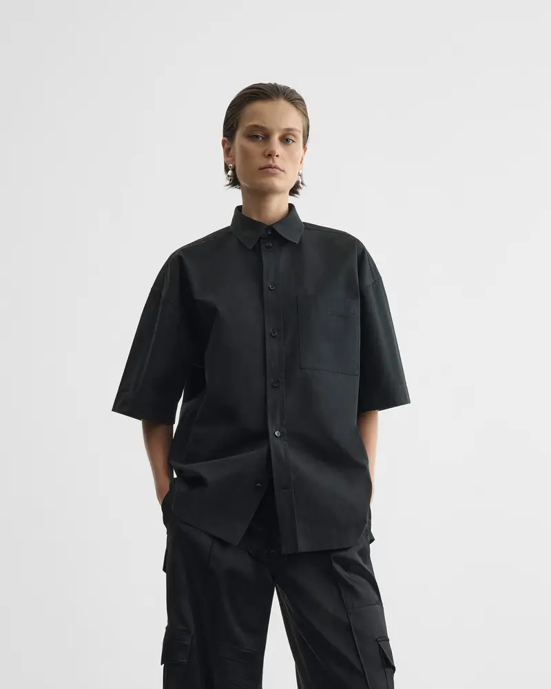 Black Cotton Short Sleeve Shirt With Oversized Fit