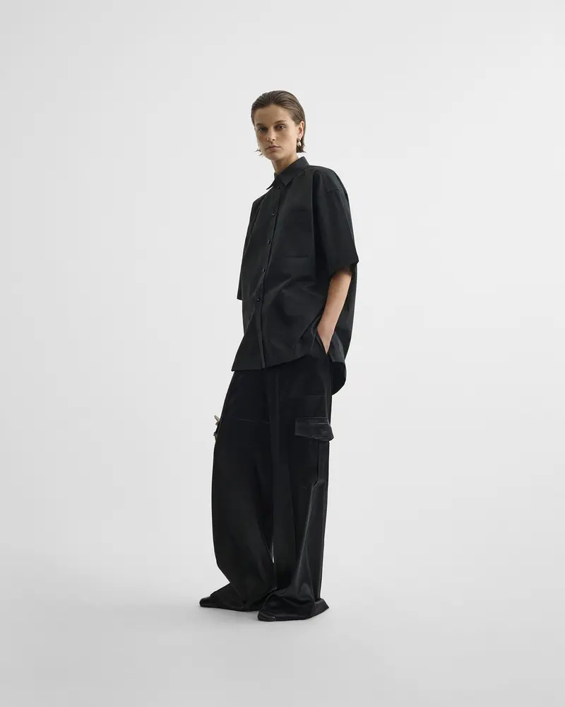 Black Cotton Short Sleeve Shirt With Oversized Fit