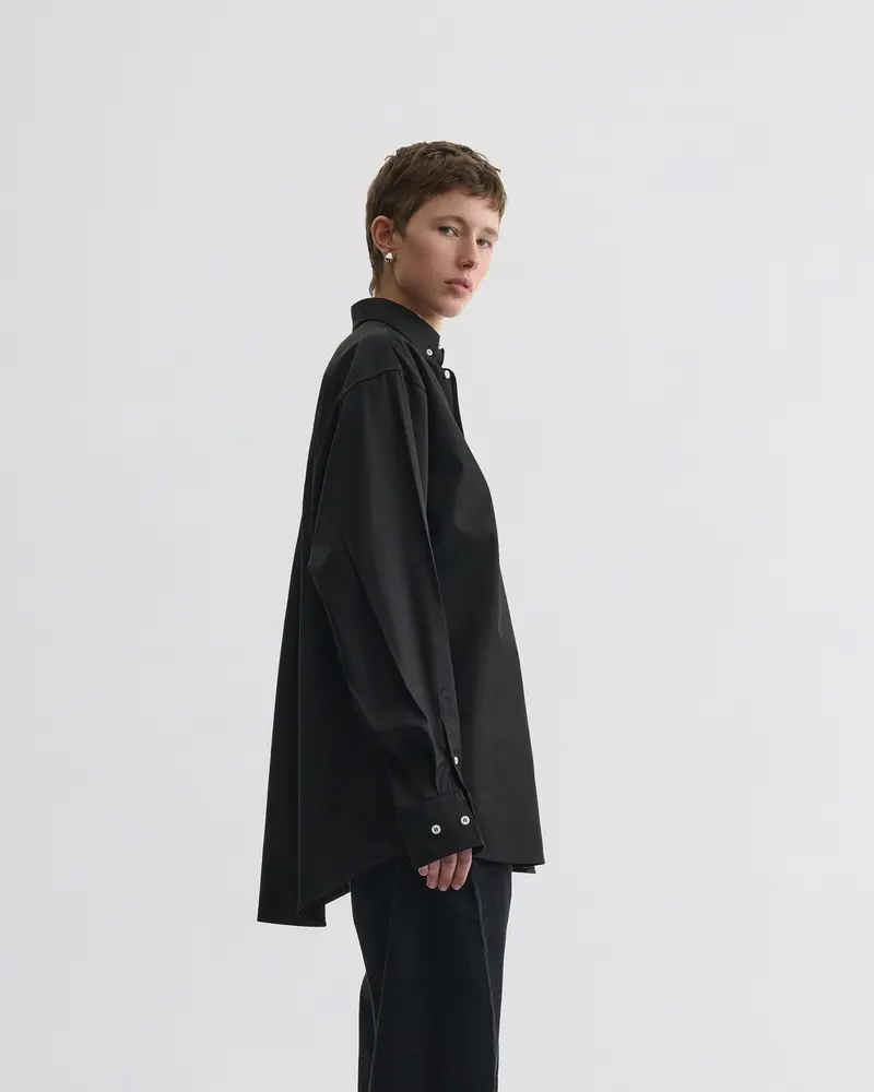 Black Cotton Twill Shirt With Classic Button-Down Collar