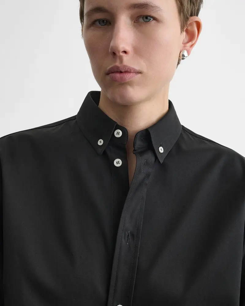Black Cotton Twill Shirt With Classic Button-Down Collar