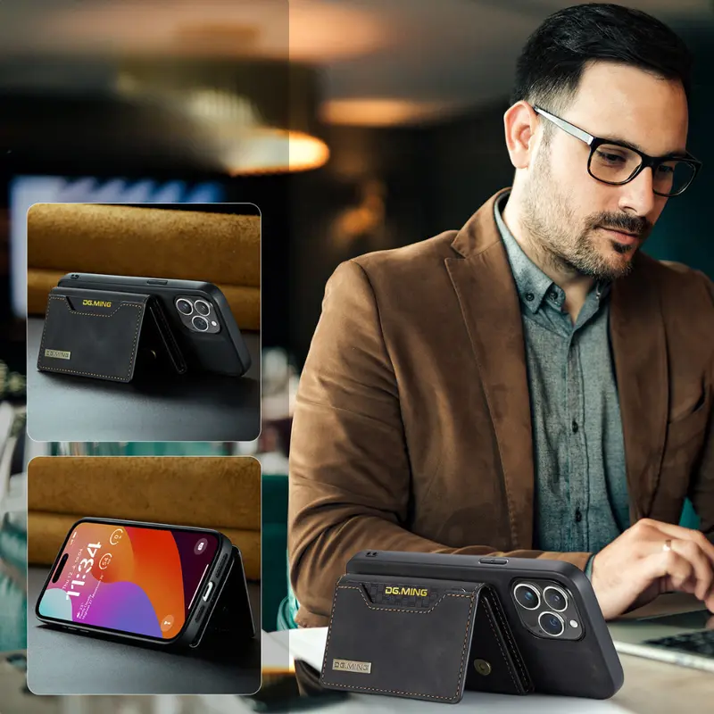 Black Executive-Style Leather Wallet Case for iPhone