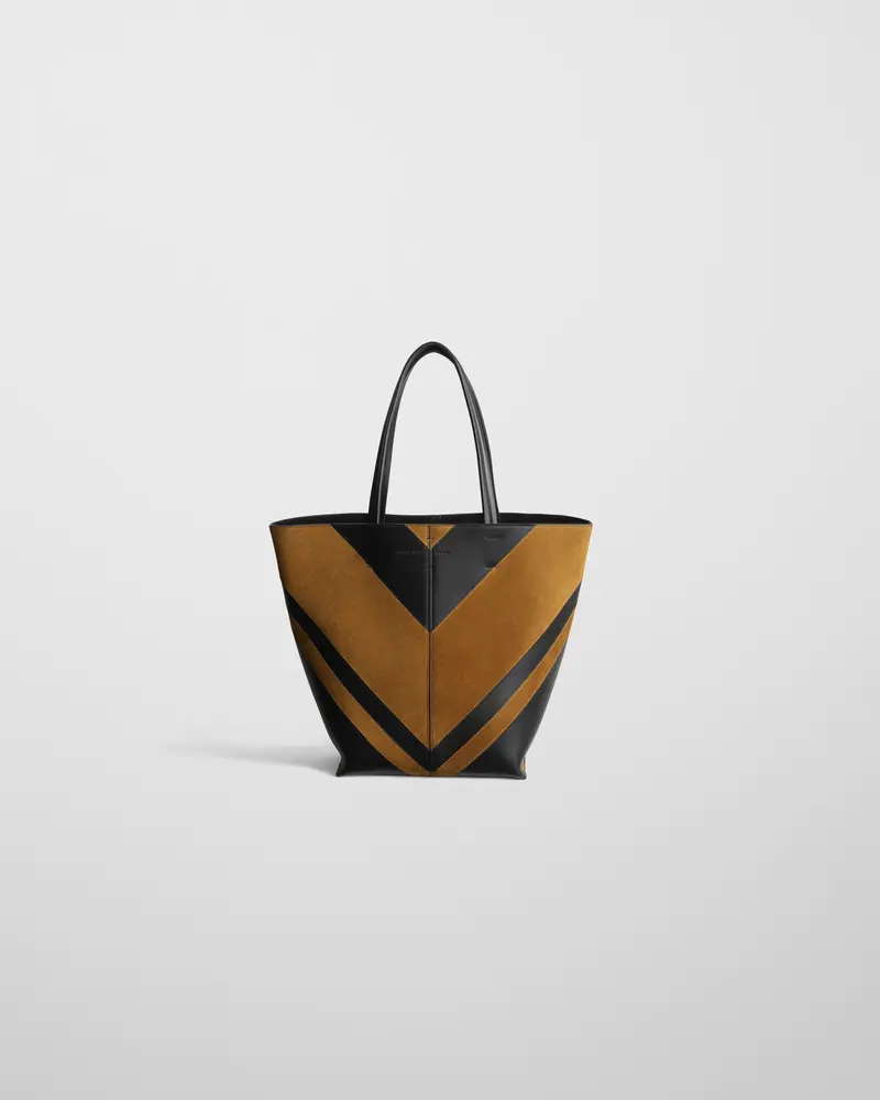 Black Leather And Toffee Suede Structured Tote Bag