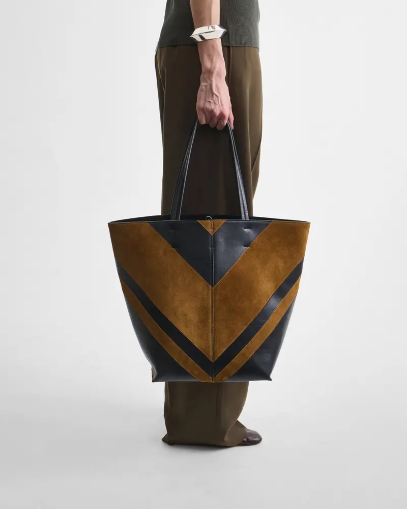 Black Leather And Toffee Suede Structured Tote Bag 2