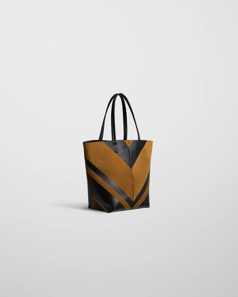 Black Leather And Toffee Suede Structured Tote Bag