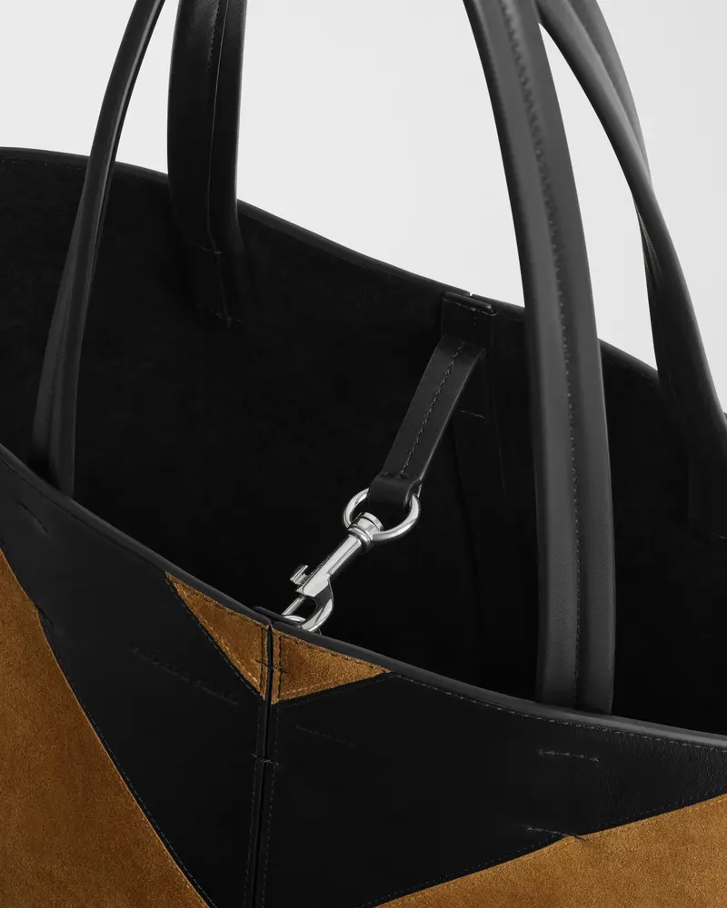 Black Leather And Toffee Suede Structured Tote Bag