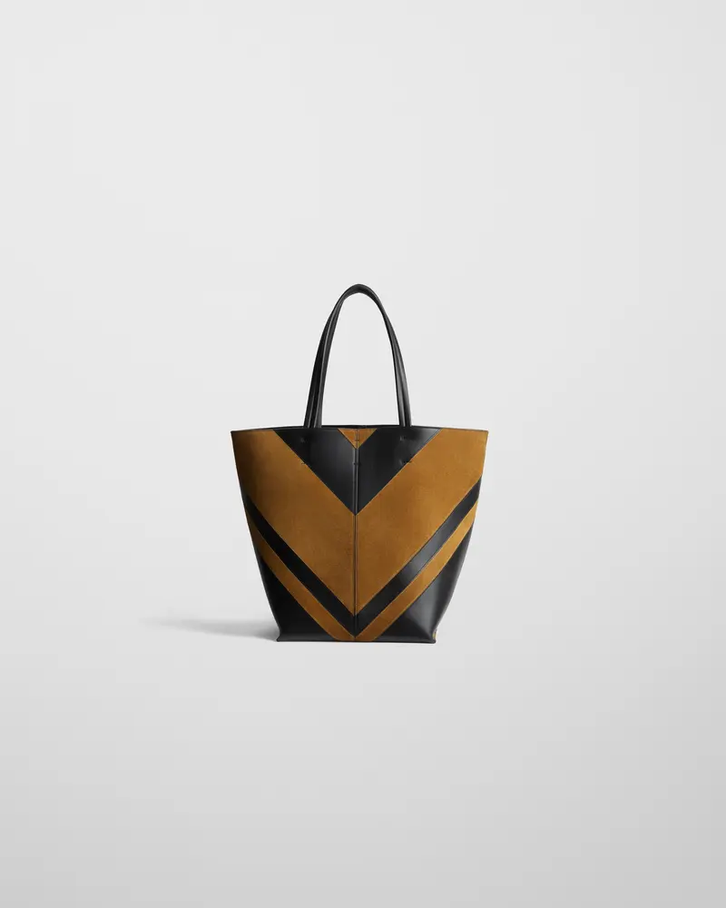Black Leather And Toffee Suede Structured Tote Bag