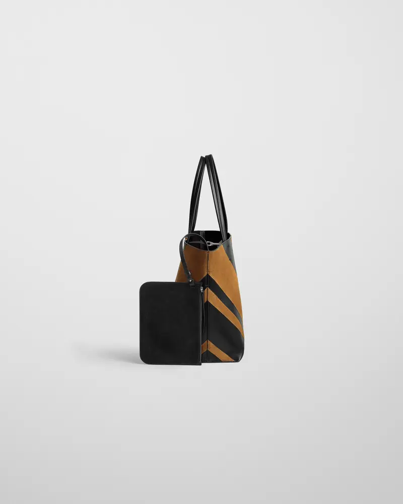Black Leather And Toffee Suede Structured Tote Bag