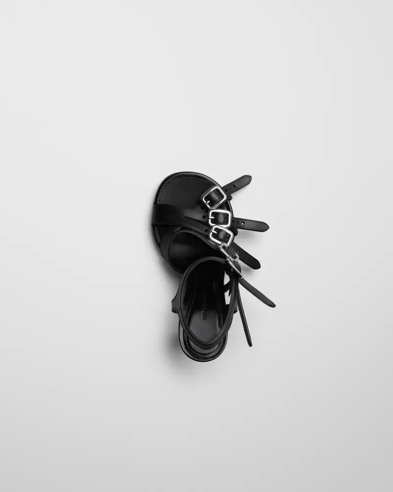 Black Leather Buckle Sandal With Stacked Heel