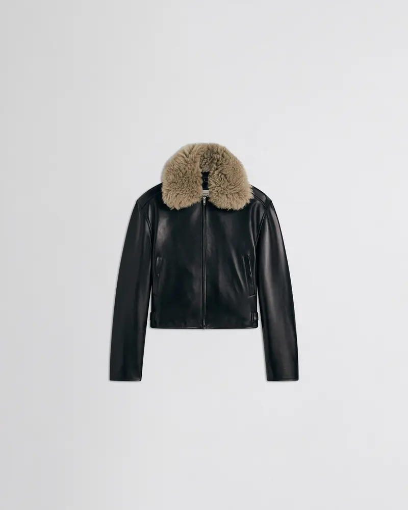 Black Leather Cropped Aviator Jacket With Detachable Shearling Collar