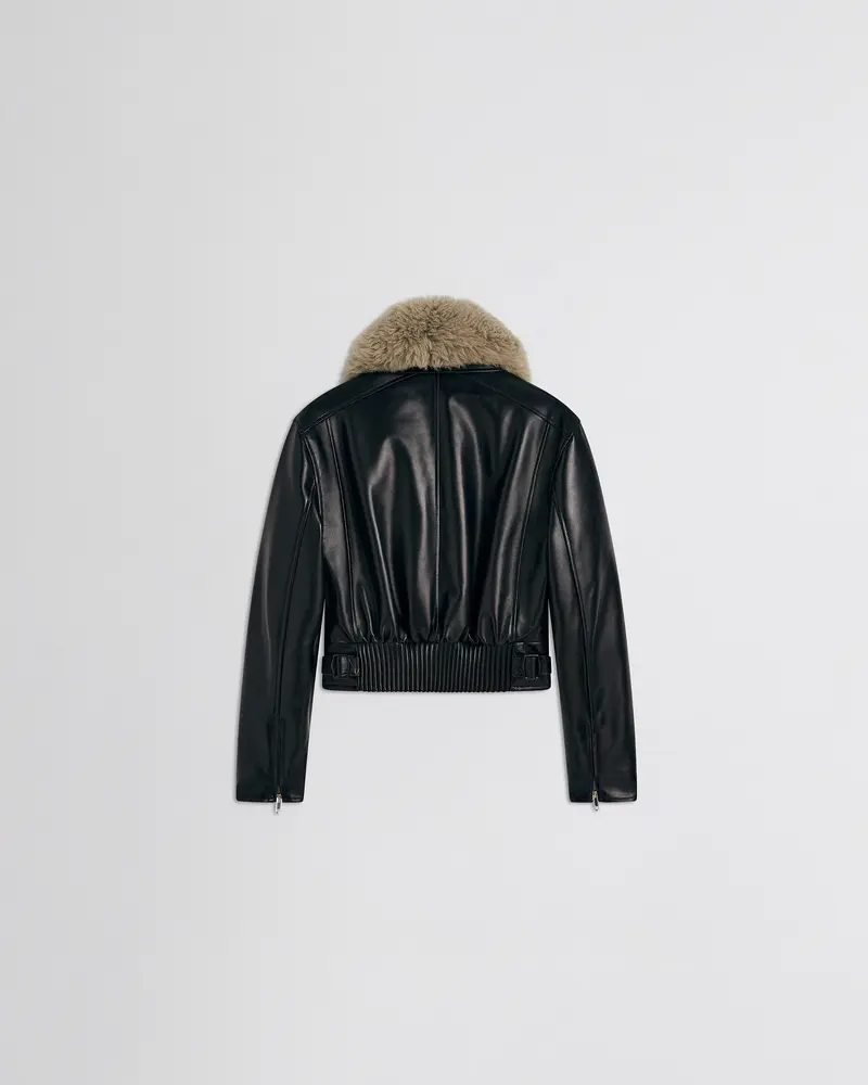 Black Leather Cropped Aviator Jacket With Detachable Shearling Collar 2