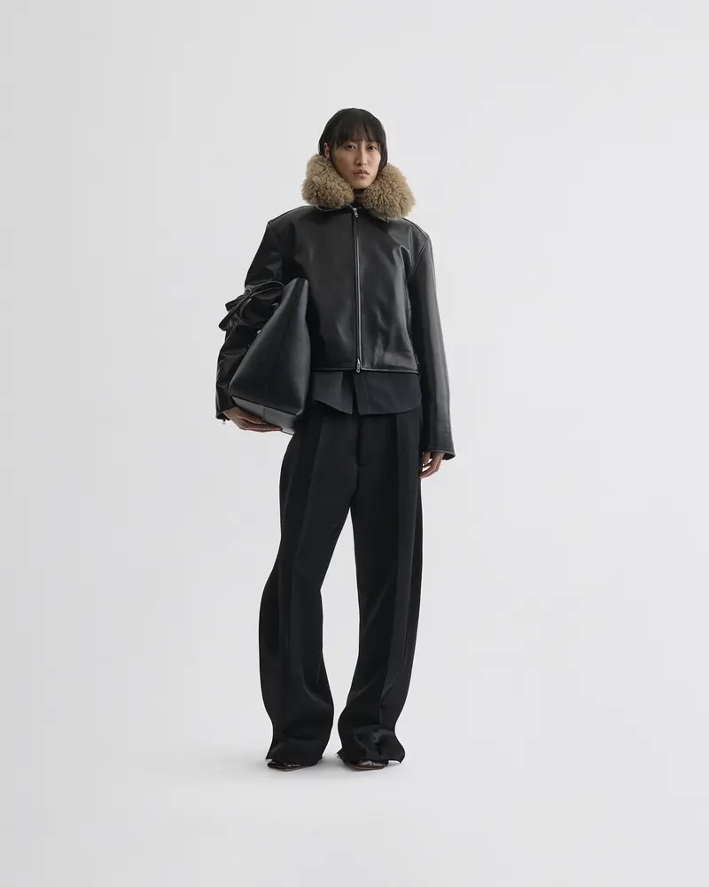Black Leather Cropped Aviator Jacket With Detachable Shearling Collar