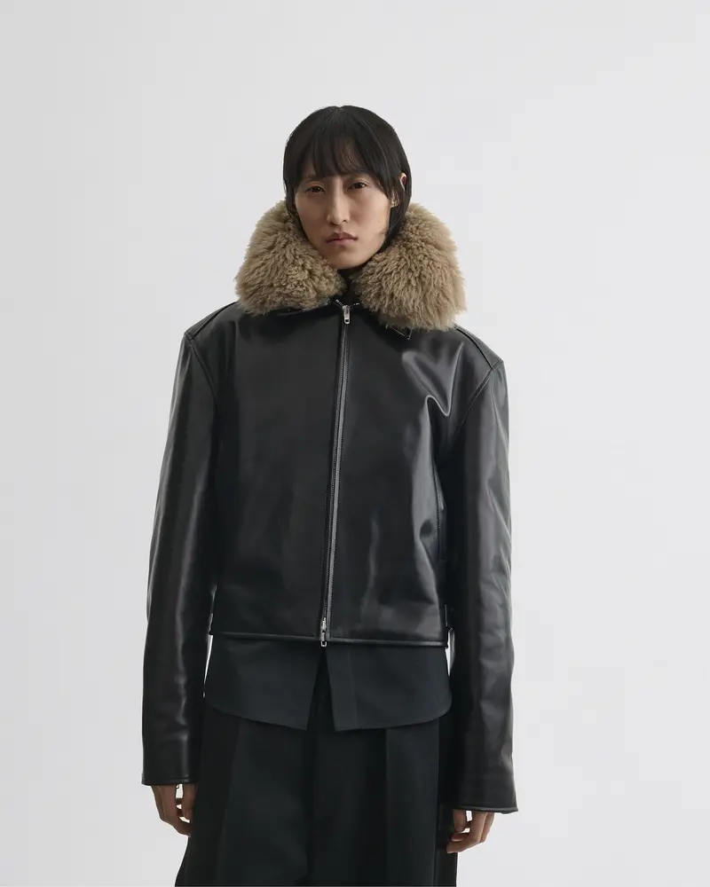 Black Leather Cropped Aviator Jacket With Detachable Shearling Collar