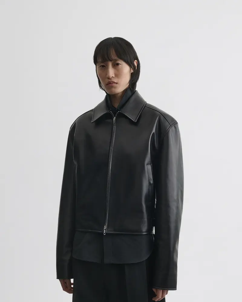 Black Leather Cropped Aviator Jacket With Detachable Shearling Collar