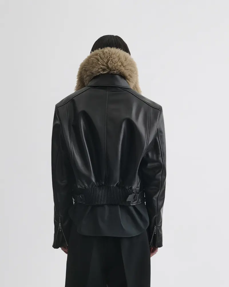 Black Leather Cropped Aviator Jacket With Detachable Shearling Collar