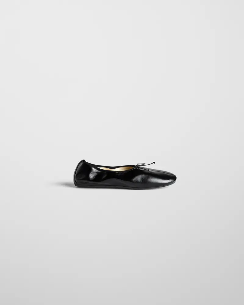Black Leather Gathered Flat Pump With Grosgrain Accents